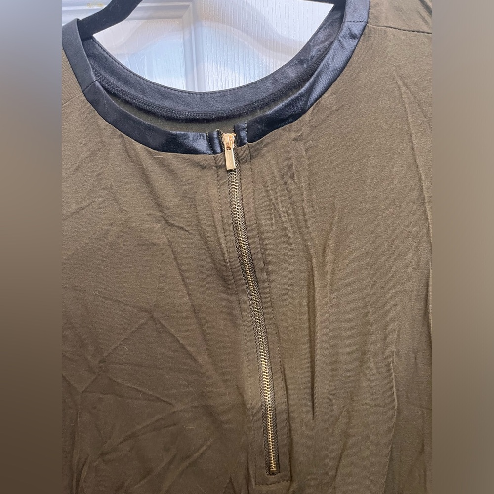 Olive Green Mini Dress with Faux Leather Sleeves and Trim, size small - Picture 4 of 5